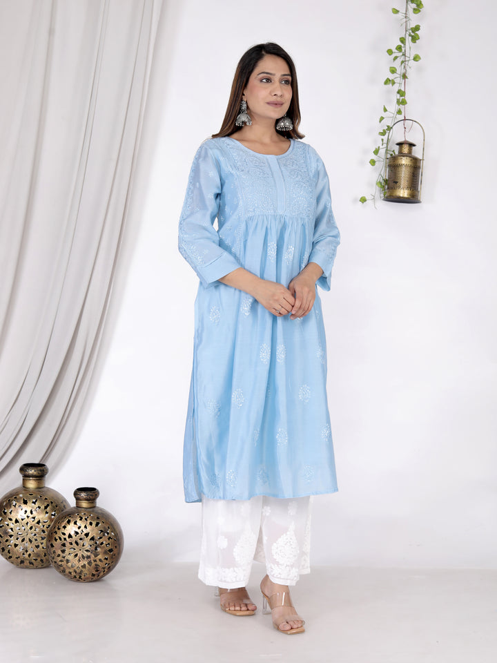 DUA CHANDERI CHIKANKARI LONG KURTI