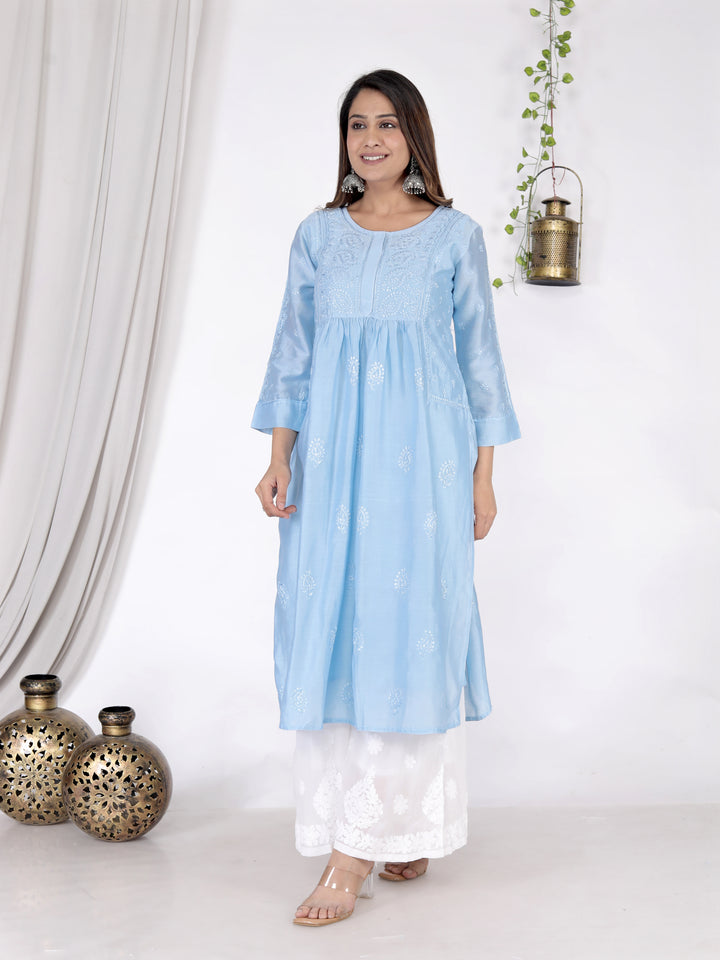 DUA CHANDERI CHIKANKARI LONG KURTI