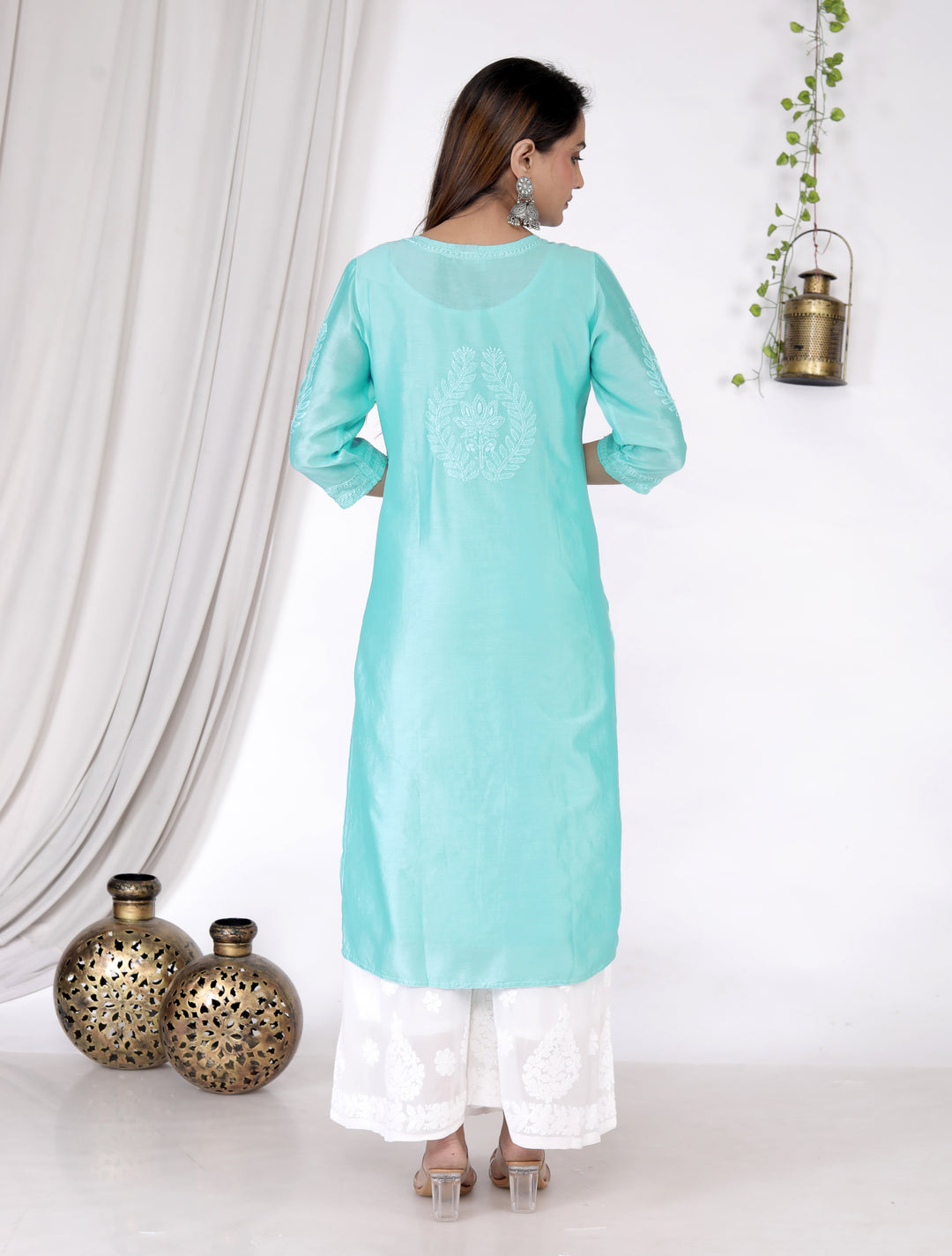 SADIA CHANDERI CHIKANKARI LONG KURTI