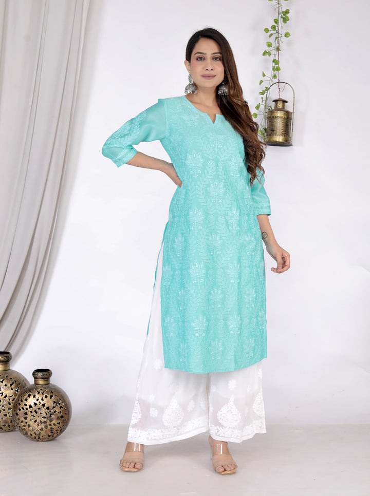 SADIA CHANDERI CHIKANKARI LONG KURTI