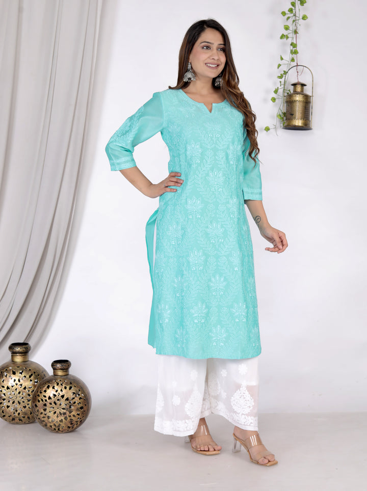 SADIA CHANDERI CHIKANKARI LONG KURTI