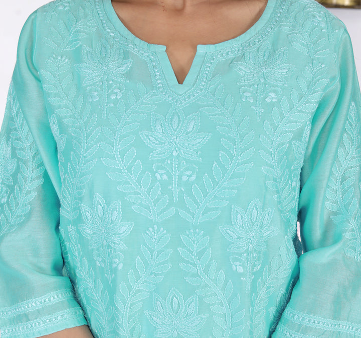 SADIA CHANDERI CHIKANKARI LONG KURTI