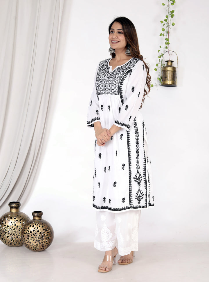 LEBEENA COTTON CHIKANKARI LONG KURTI