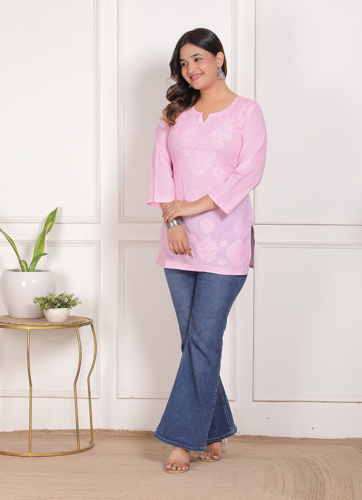 Palomi Cotton Chikankari Short Kurti (Pink)