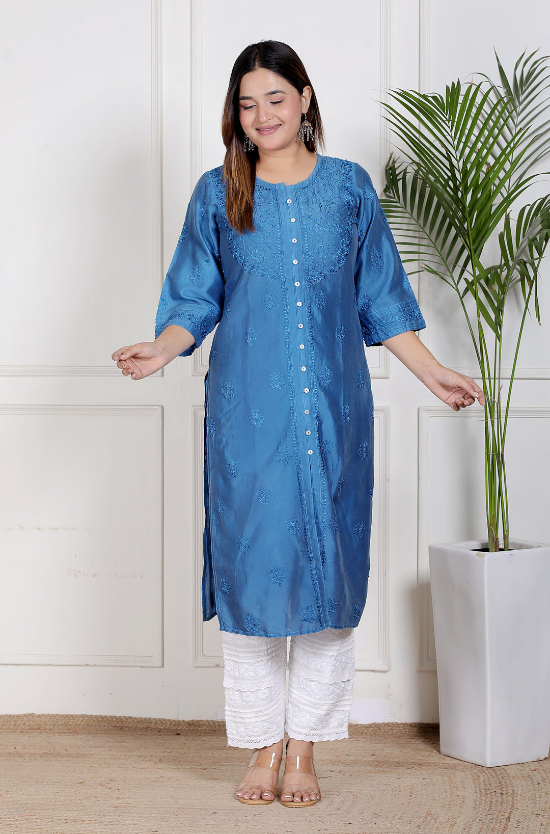 Razia Chanderi Chikankari Long kurti (Copy)