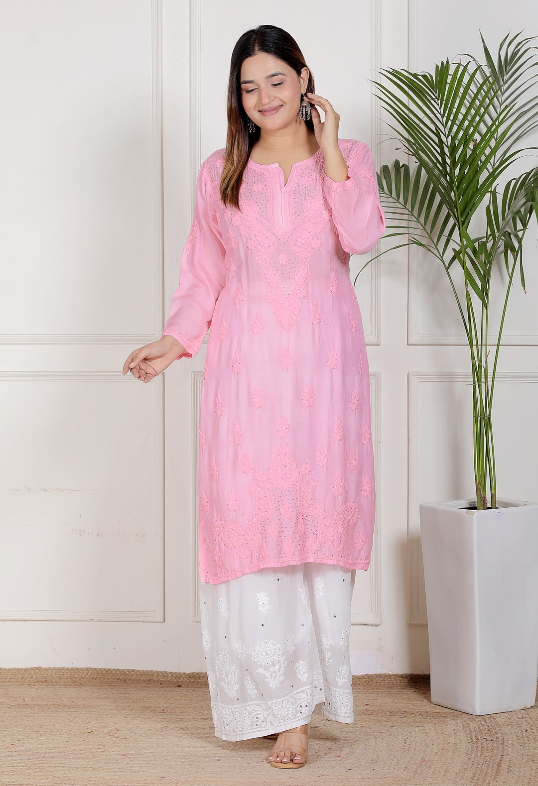 Chikankari Muslin Mukaish Long Kurti