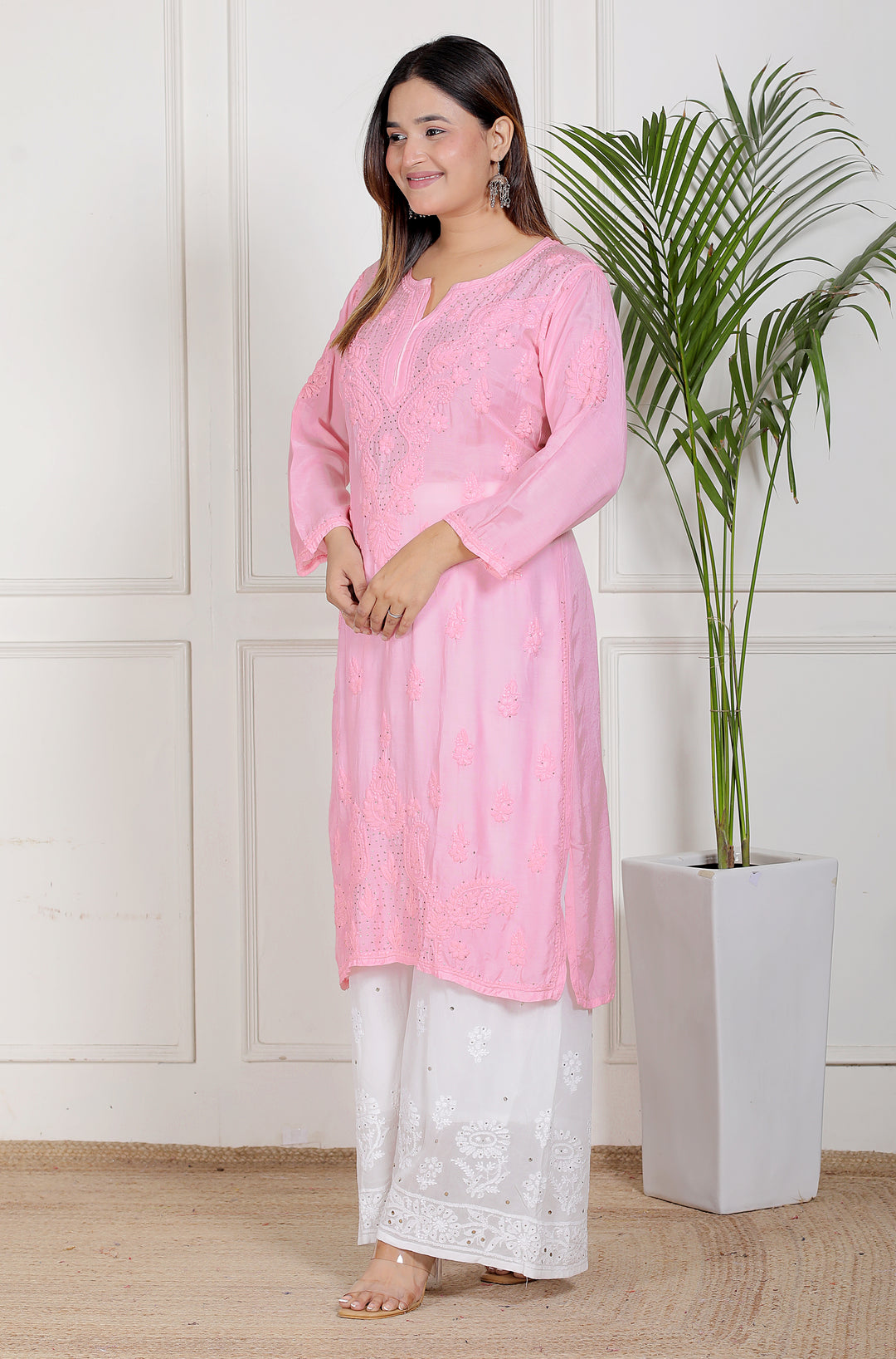Chikankari Muslin Mukaish Long Kurti