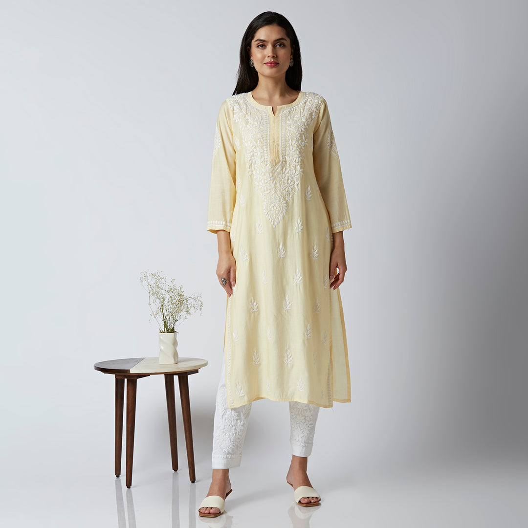 ZUBAIDA CHANDERI CHIKANKARI LONG KURTI