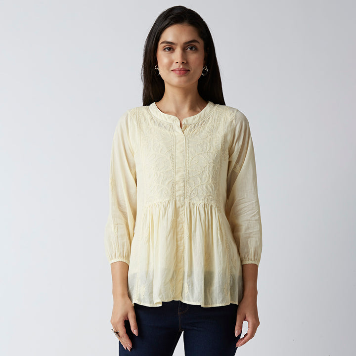 SARA MUL COTTON CHIKANKARI SHORT TOP