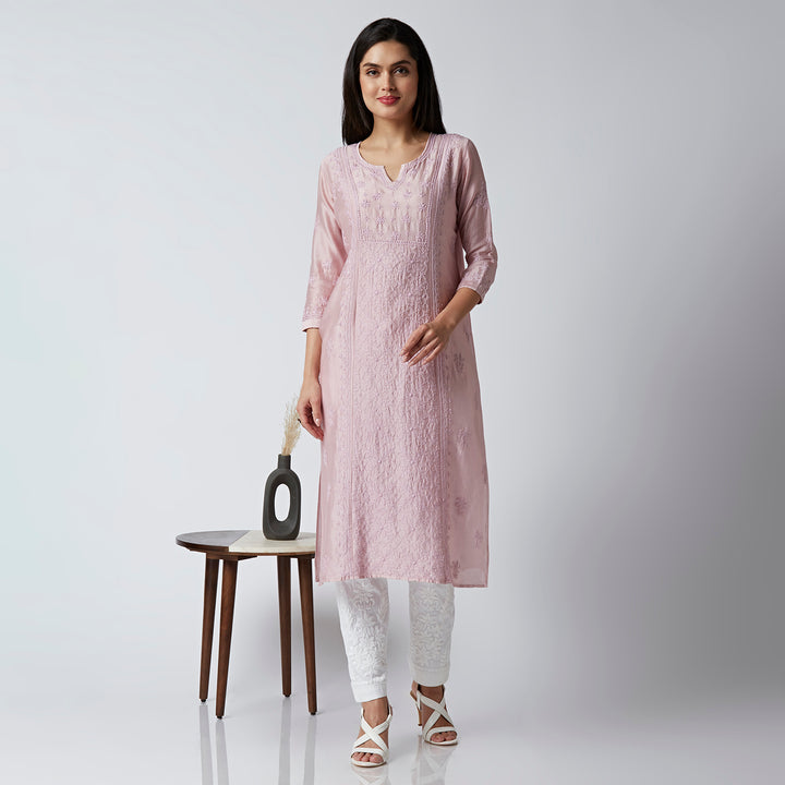 ADIRA CHANDERI CHIKANKARI LONG KURTI