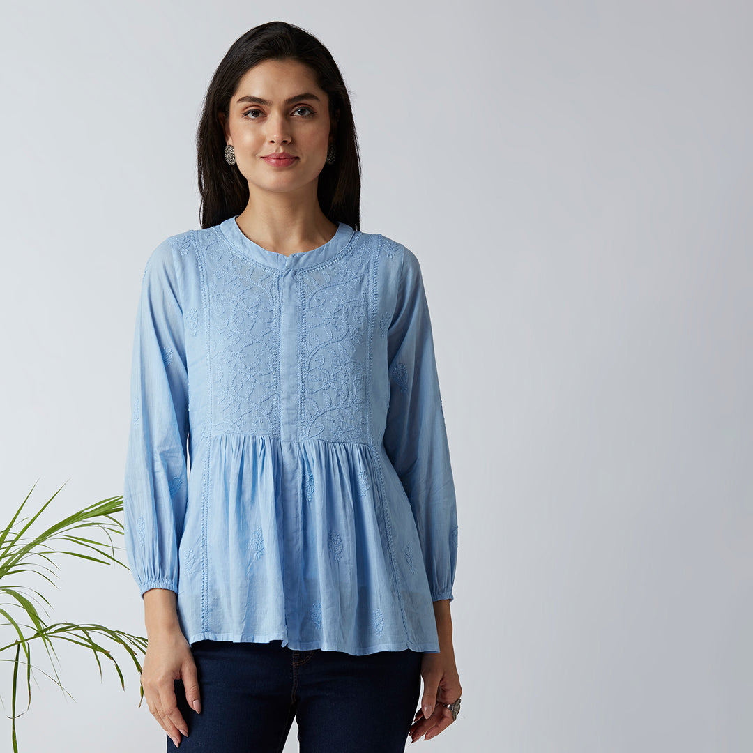 SARA MUL COTTON CHIKANKARI SHORT TOP