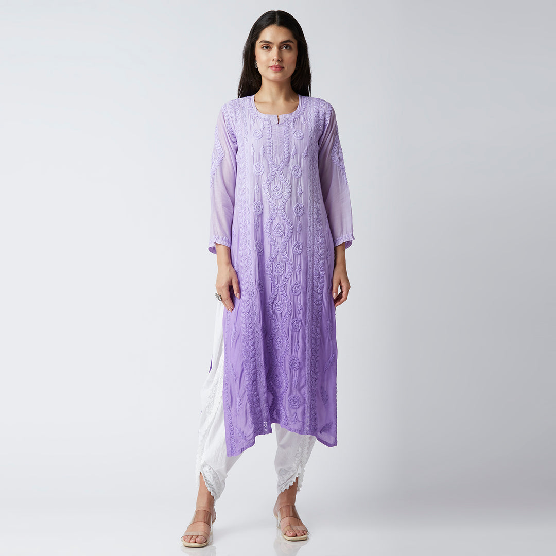 NAAZIA MUSLIN CHIKANKARI LONG KURTI