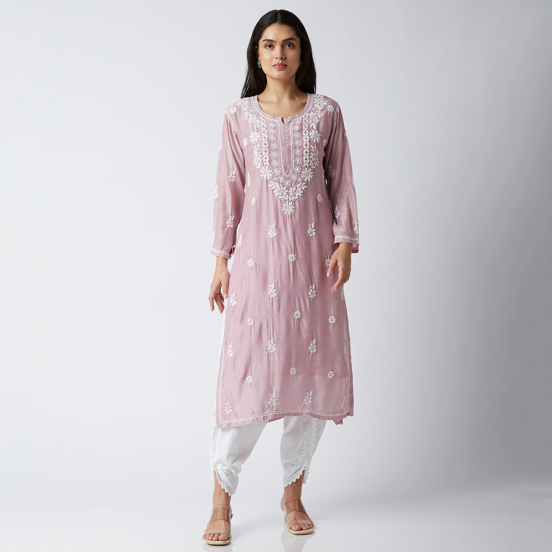 NAUSHEEN MUSLIN CHIKANKARI LONG KURTI