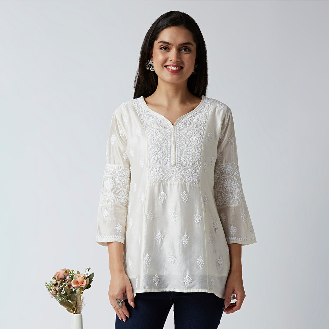 CAMILA CHANDERI CHIKANKARI SHORT KURTI