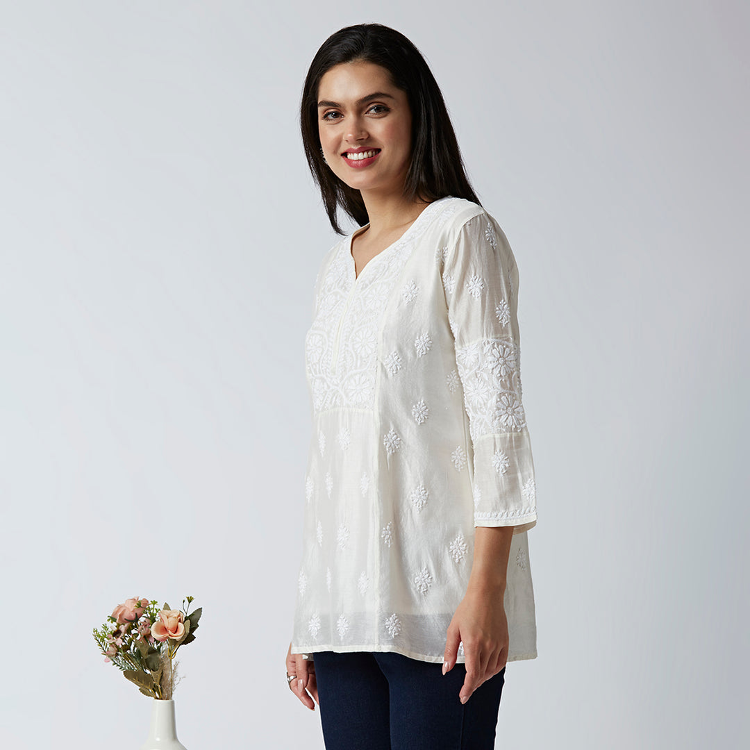 CAMILA CHANDERI CHIKANKARI SHORT KURTI