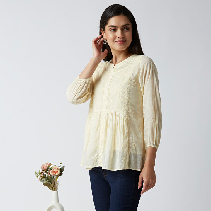 SARA MUL COTTON CHIKANKARI SHORT TOP