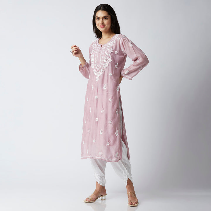 NAUSHEEN MUSLIN CHIKANKARI LONG KURTI