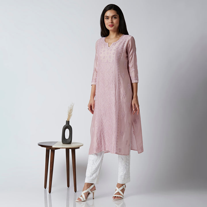 ADIRA CHANDERI CHIKANKARI LONG KURTI