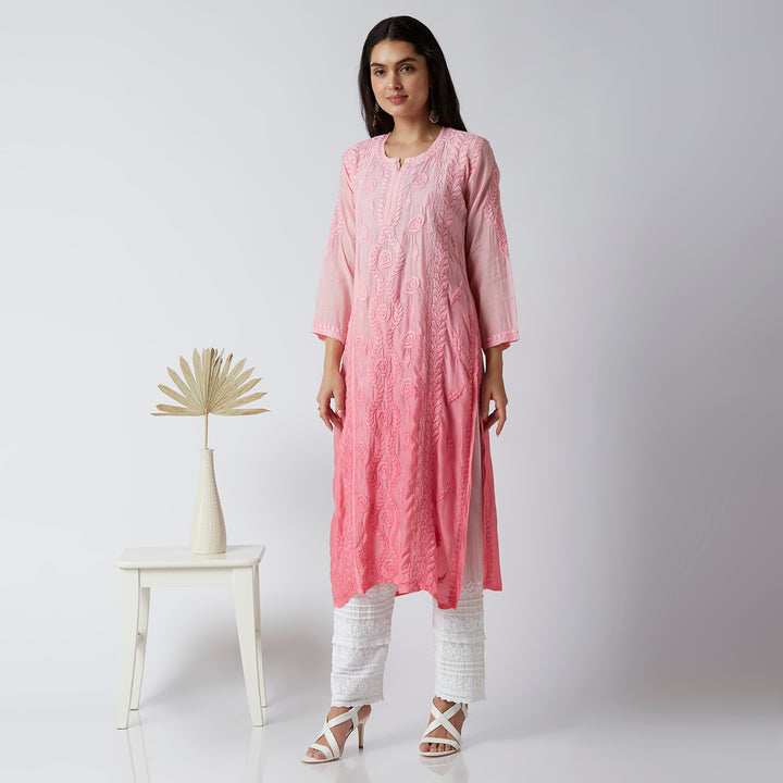 NAAZIA MUSLIN CHIKANKARI LONG KURTI