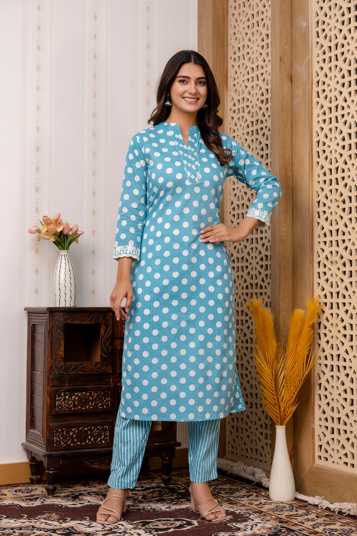 Sanchi Cotton Polka Dot Set With Dupatta