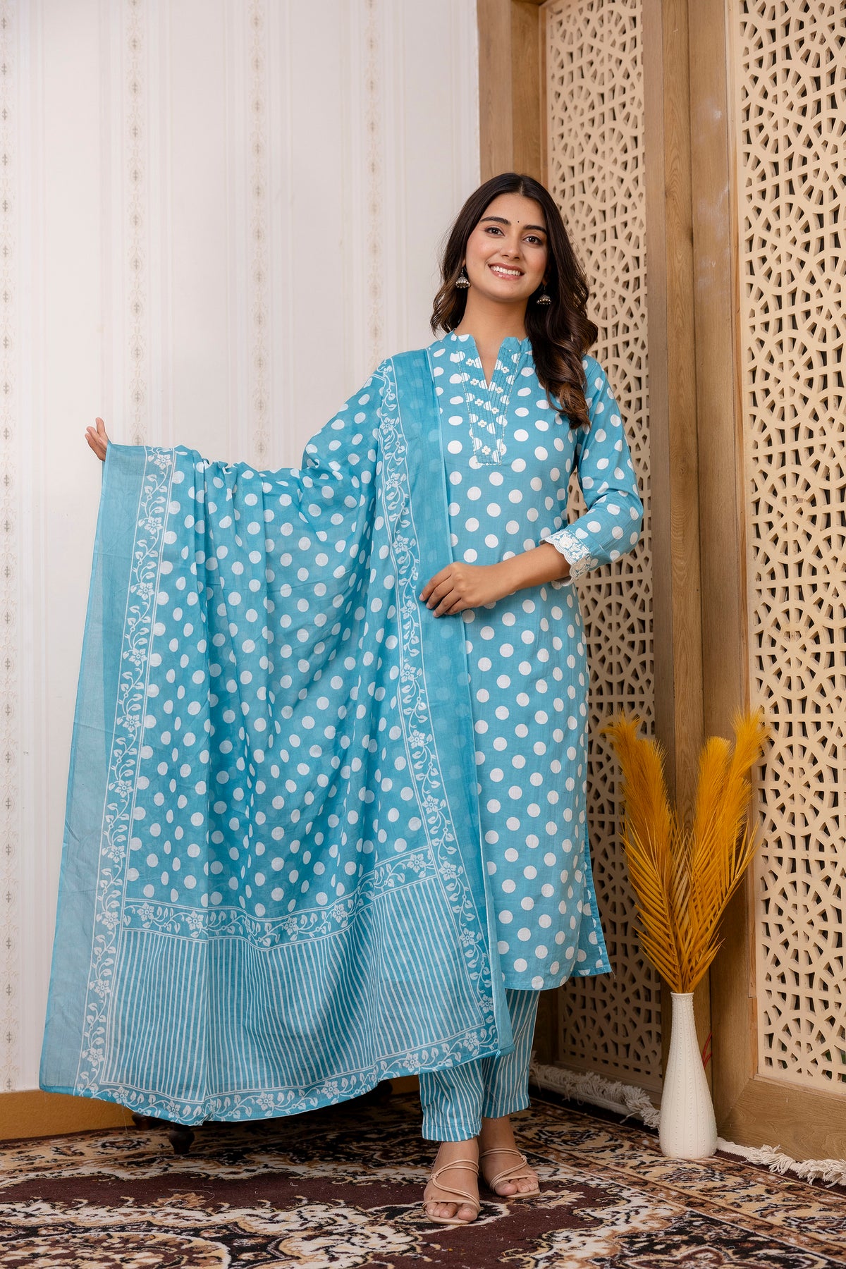 Sanchi Cotton Polka Dot Set With Dupatta