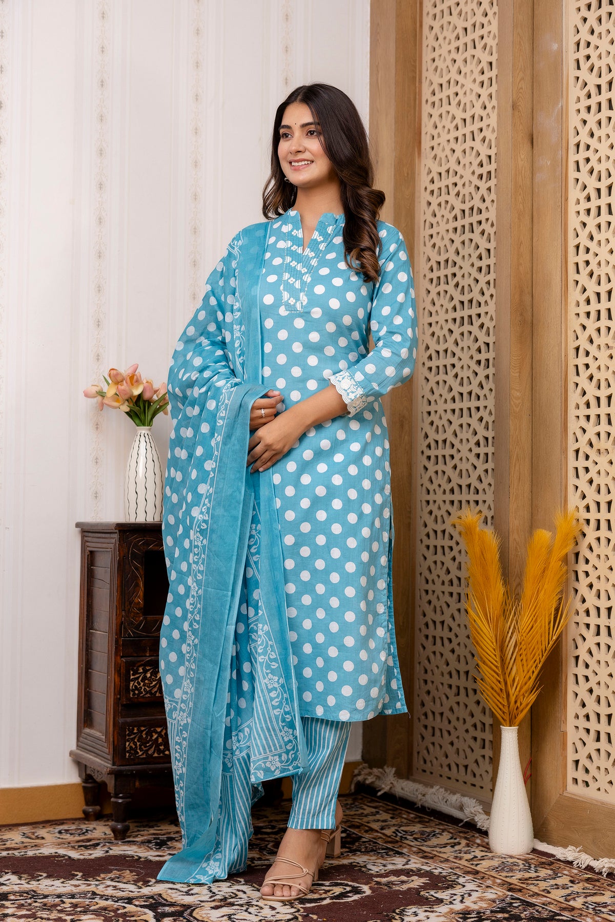 Sanchi Cotton Polka Dot Set With Dupatta