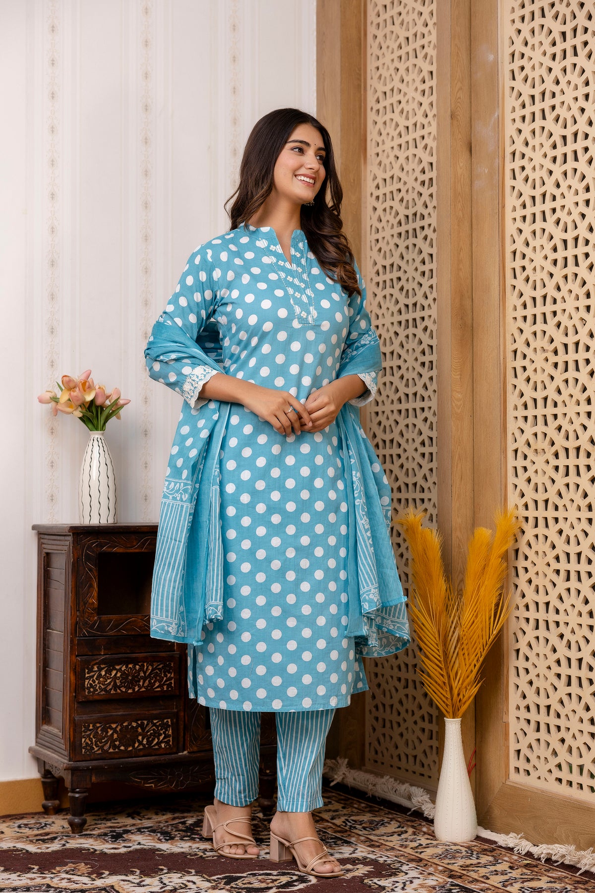 Sanchi Cotton Polka Dot Set With Dupatta