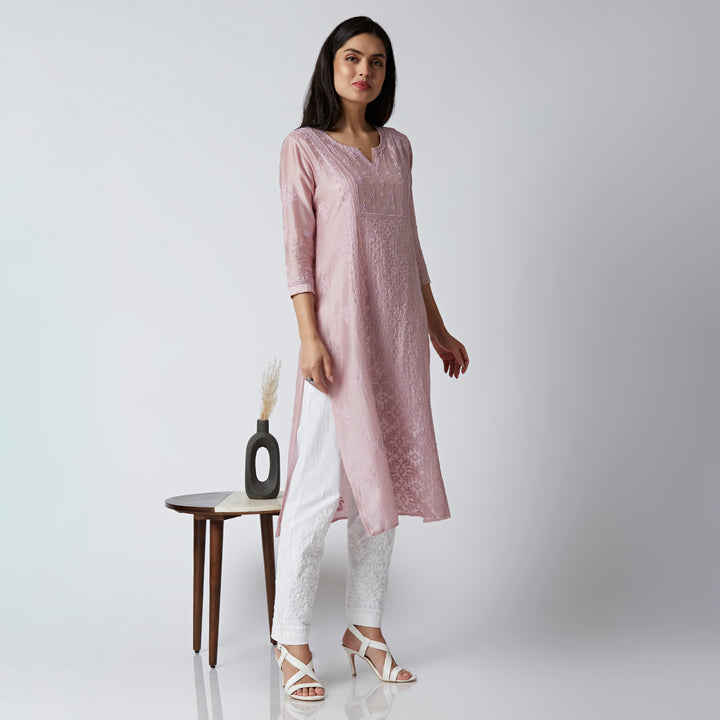 ADIRA CHANDERI CHIKANKARI LONG KURTI