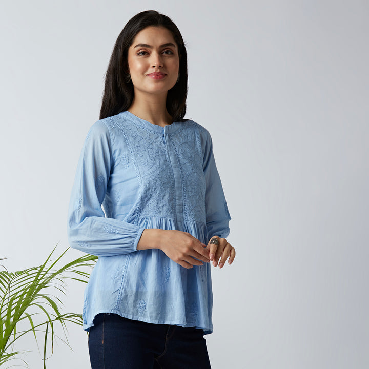 SARA MUL COTTON CHIKANKARI SHORT TOP