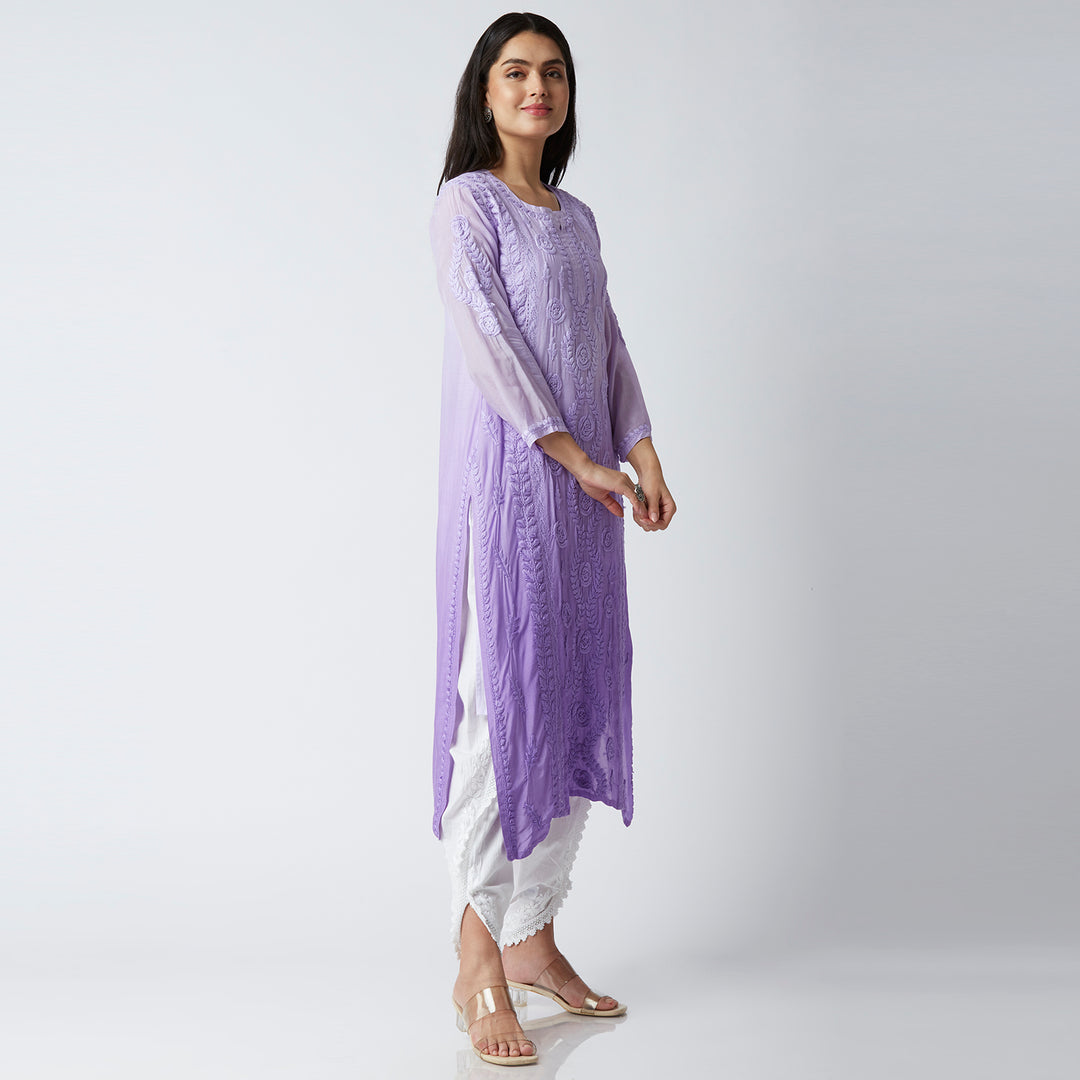 NAAZIA MUSLIN CHIKANKARI LONG KURTI