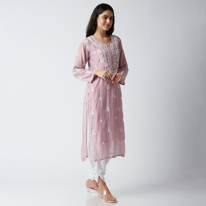 NAUSHEEN MUSLIN CHIKANKARI LONG KURTI