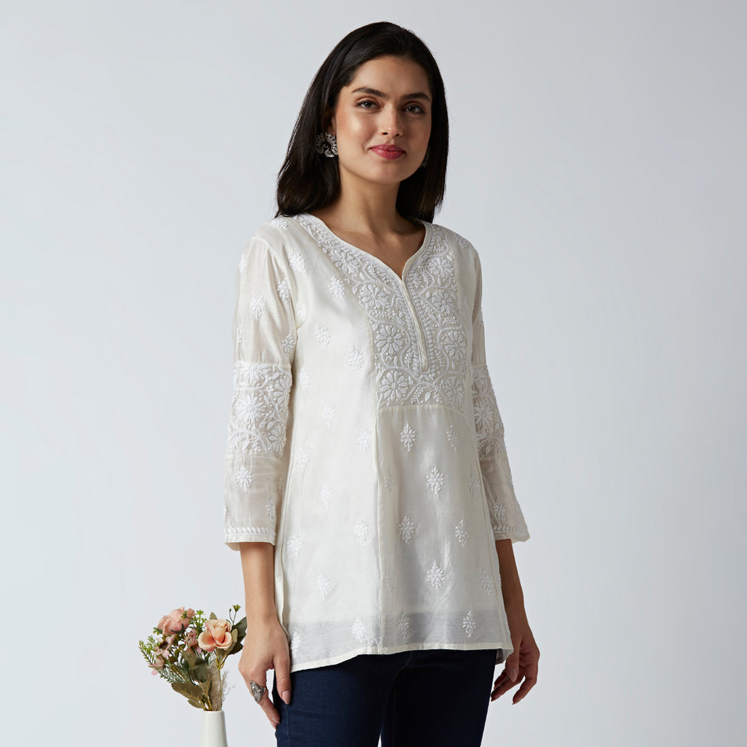 CAMILA CHANDERI CHIKANKARI SHORT KURTI