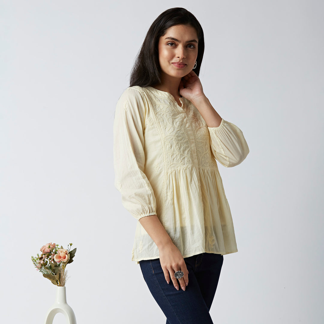 SARA MUL COTTON CHIKANKARI SHORT TOP