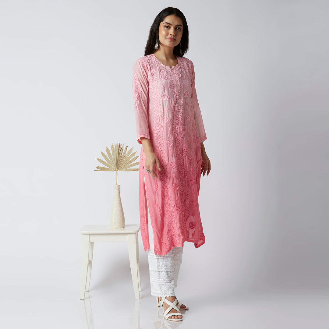 NAAZIA MUSLIN CHIKANKARI LONG KURTI