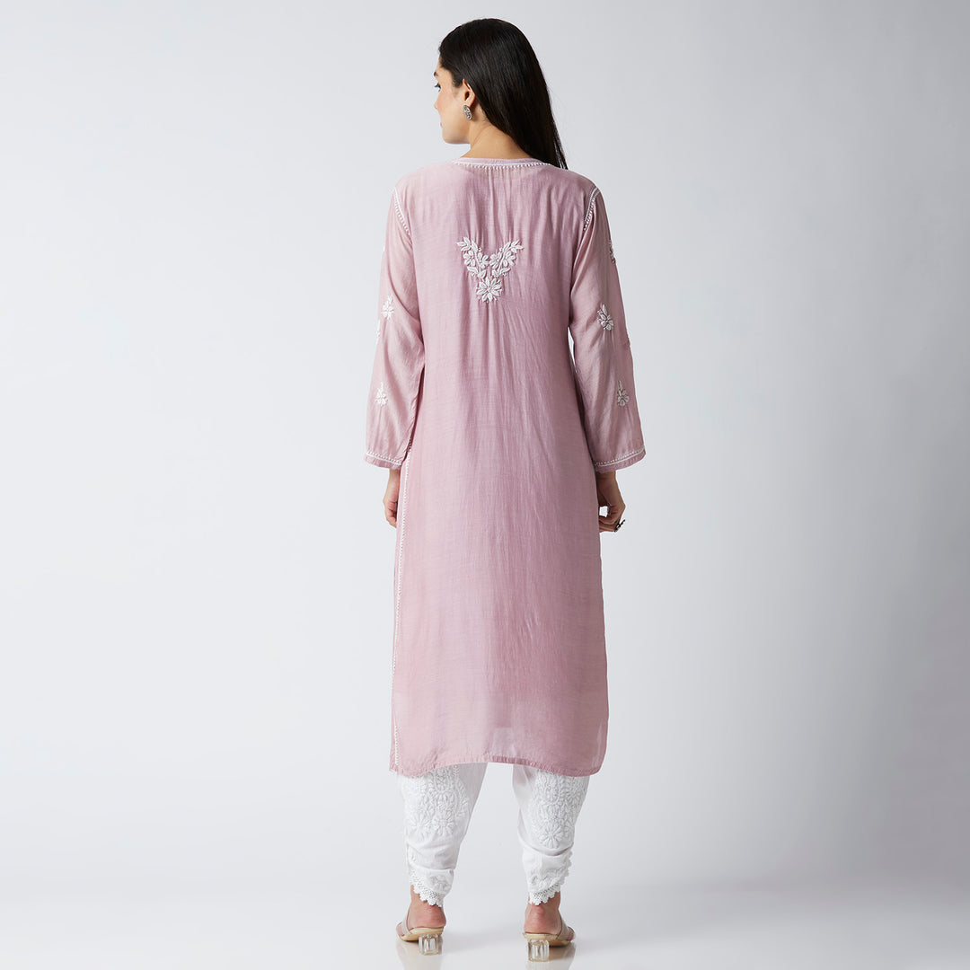 NAUSHEEN MUSLIN CHIKANKARI LONG KURTI