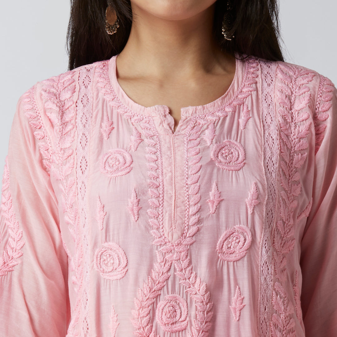 NAAZIA MUSLIN CHIKANKARI LONG KURTI