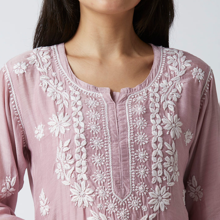 NAUSHEEN MUSLIN CHIKANKARI LONG KURTI