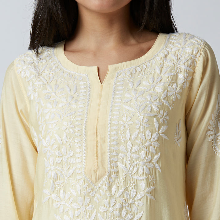 ZUBAIDA CHANDERI CHIKANKARI LONG KURTI