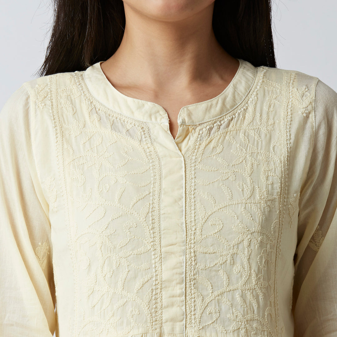 SARA MUL COTTON CHIKANKARI SHORT TOP