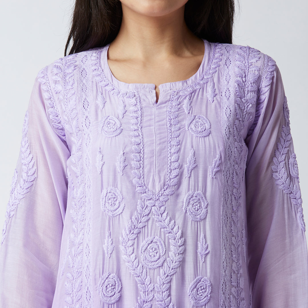 NAAZIA MUSLIN CHIKANKARI LONG KURTI