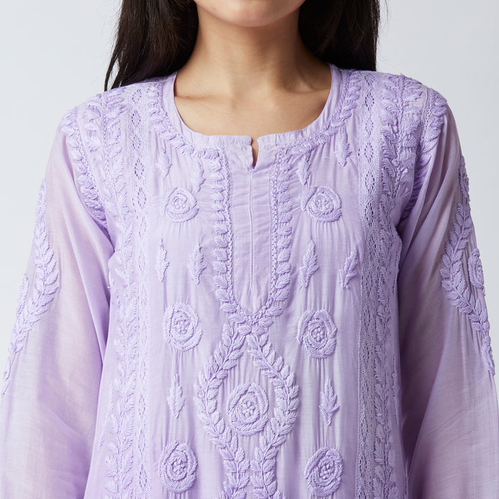 NAAZIA MUSLIN CHIKANKARI LONG KURTI