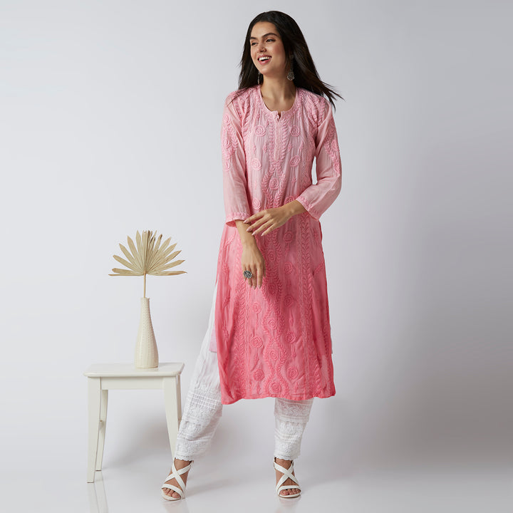 NAAZIA MUSLIN CHIKANKARI LONG KURTI