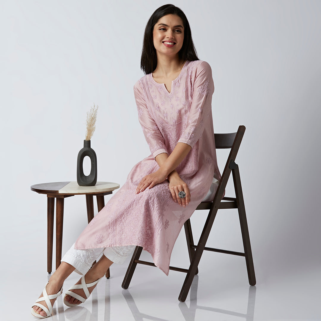 ADIRA CHANDERI CHIKANKARI LONG KURTI