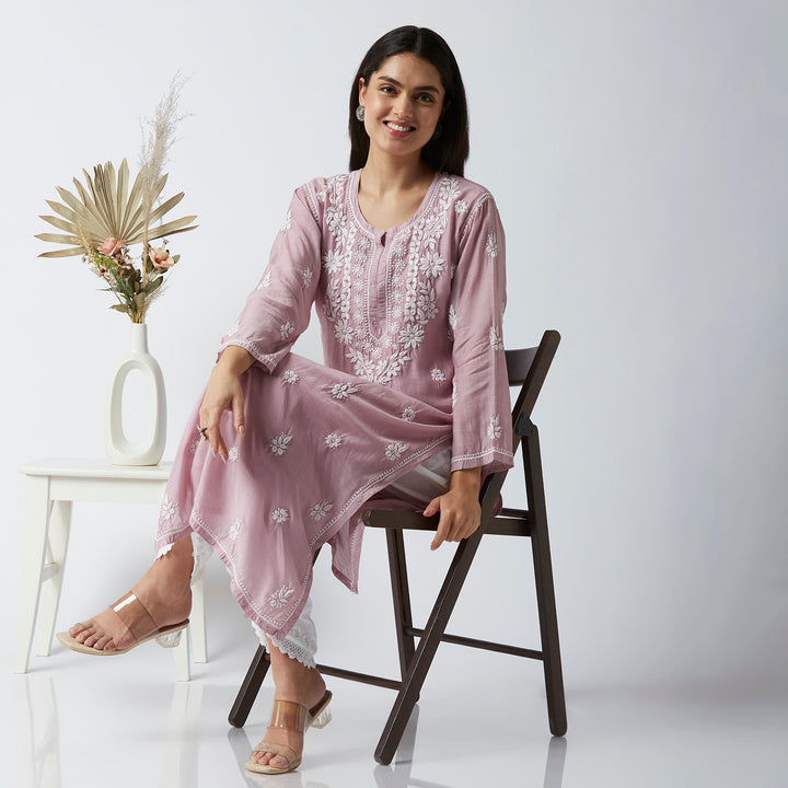 NAUSHEEN MUSLIN CHIKANKARI LONG KURTI