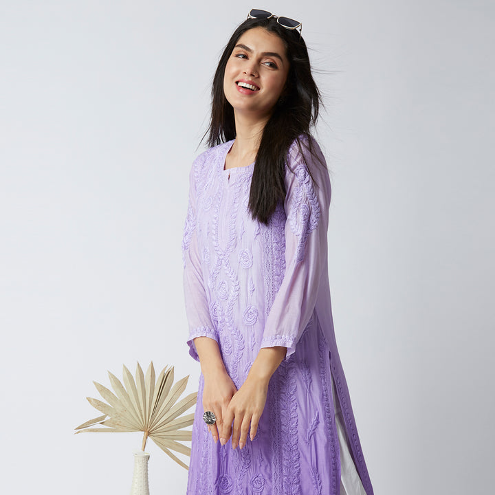 NAAZIA MUSLIN CHIKANKARI LONG KURTI