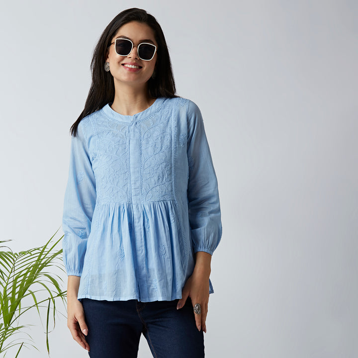 SARA MUL COTTON CHIKANKARI SHORT TOP