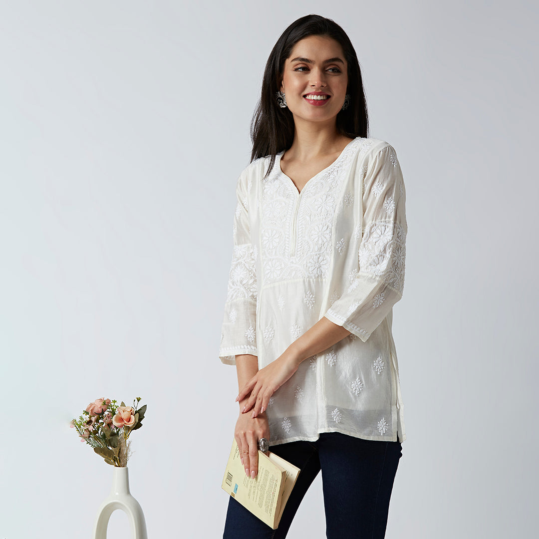 CAMILA CHANDERI CHIKANKARI SHORT KURTI