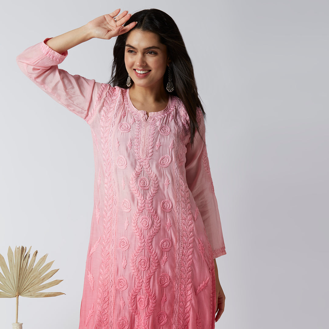 NAAZIA MUSLIN CHIKANKARI LONG KURTI