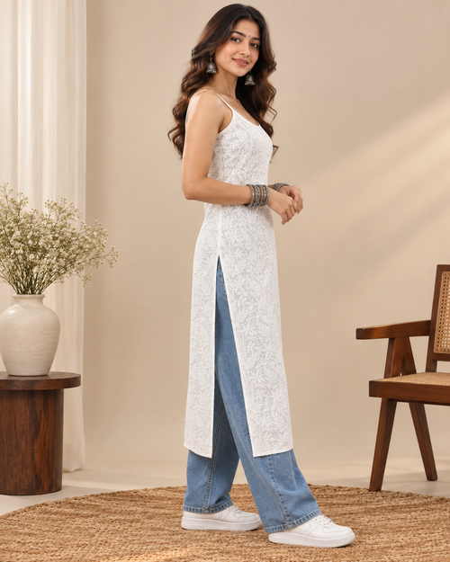 White Chikankari Spaghetti Long Kurti