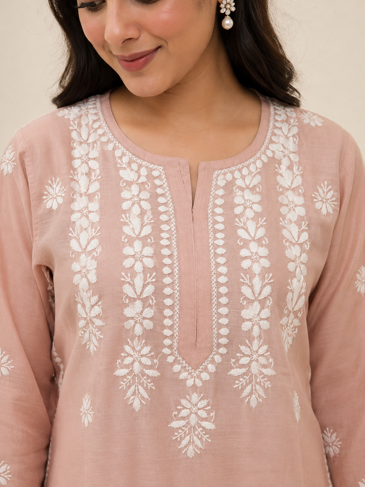 Anam Chanderi Chikankari Long kurti